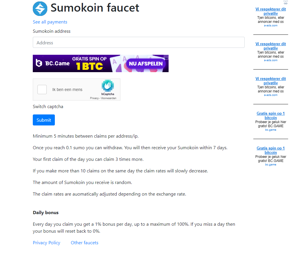 Screenshot of the altfaucet website